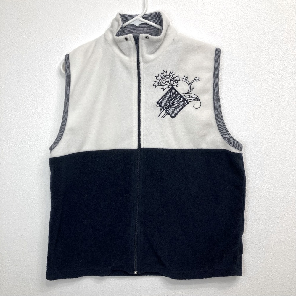 3/$20 Vintage Embroidered Floral Colorblock Fleece Vest Blue White Womens Medium